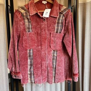 NWT POL Burnt Sienna Fringe plaid/corduroy shacket. Size Medium